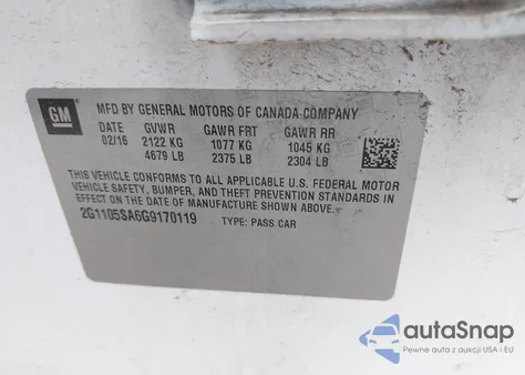 2016 Chevrolet Impala 1Lt from USA, damaged, VIN 2G1105SA6G9170119